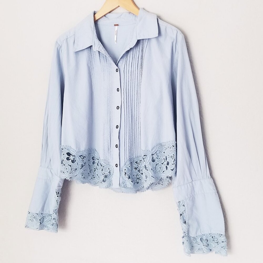 Free People Crochet Lace Trim Hooked On You Top Button Front Shirt Blue M $128 - Picture 4 of 16
